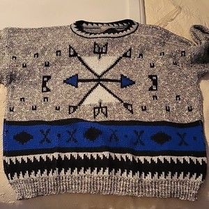 Vintage Adele knitwear blue black and gray Aztec sweater 1980s